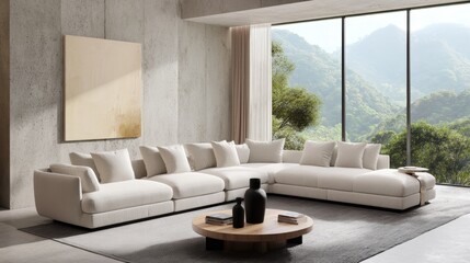 Poster - Modern Minimalist Architecture,Blank white poster mockup in a modern living room with minimalist decor and clean lines