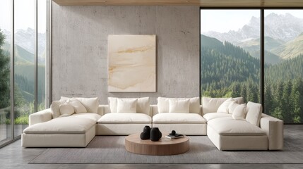Poster - Modern Minimalist Architecture,Blank white poster mockup in a modern living room with minimalist decor and clean lines