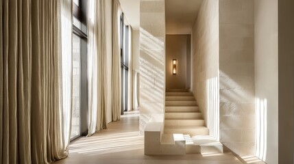 Poster - Modern Minimalist Architecture, Natural light streaming through sheer curtains in a modern interior with minimalist staircase