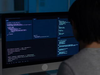 back view shot of male programmer and software developer working on desktop computer writing code an