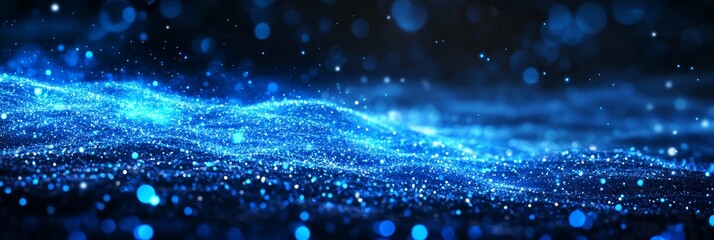 Poster - Abstract Blue Particle Flow on Dark Background - Symbolizing flow, cosmic energy, technological advancement, data stream, and abstract movement. Blue particles flow dynamically across a dark canvas