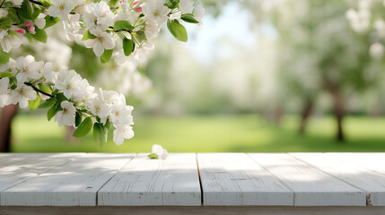 Poster - Spring blossom background with white wooden table for product display and nature landscape view