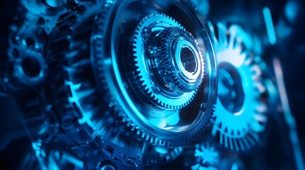 Poster - A blue gear with a white circle in the middle. The blue and white color scheme gives the image a futuristic and mechanical feel