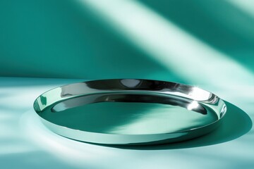 Leinwandbilder - Reflective metal tray positioned on a smooth turquoise surface with soft lighting illuminating its curves and edges
