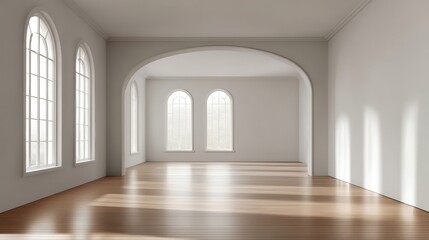 Poster - Modern Minimalist Architecture, Empty Room with Arched Windows and Wooden Floor