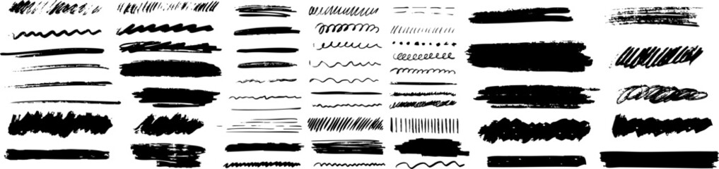 Set of hand-drawn ink and brush strokes, scribbles, and textured lines in black on transparent background. Great for grunge design, underline elements, and overlays. Vector EPS 10