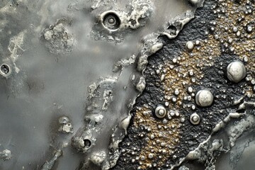 Aufkleber - Abstract metallic artwork with textured surfaces, contrasting grey and gold tones, and embedded rivets.