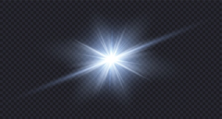 Wall Mural - Realistic flashlight with bokeh effect on transparent background, glowing light burst with radiant beams and lens flare effect. Blue energy explosion overlay for sci-fi, tech png moonlight bg.