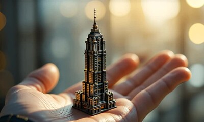 Tiny skyscraper model balanced between fingers with warm bokeh in background. Concept of urban development and city planning