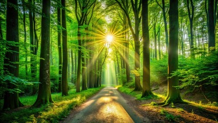 Wall Mural - Sun-dappled forest path, silhouetted trees, vibrant green foliage.