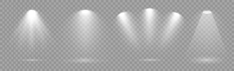 Wall Mural - spotlight set realistic on transparent bg with reflection on floor. light sources on dark wall, real