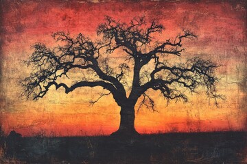 Poster - Silhouette of a large, leafless oak tree against a vibrant sunset.