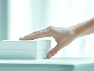 Poster - hand gently touching a closed white box on a bright surface, surrounded by soft natural light for a 