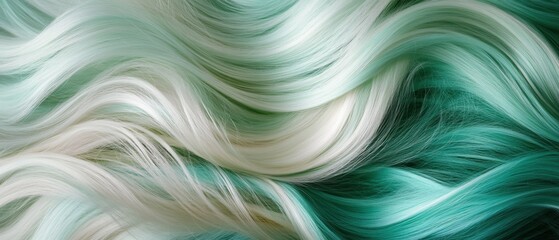 Poster - Captivating close up of flowing hair with a harmonious blend of white and turquoise hues creating a serene and artistic visual texture