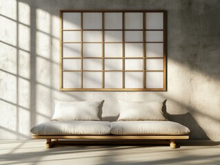 Poster - Serene Japanese Style Interior with Natural Light Casting Shadows on Concrete Wall and Minimalist Wooden Sofa