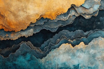 Poster - Abstract layered landscape artwork in teal, blue, and gold hues, resembling a mountainous terrain.