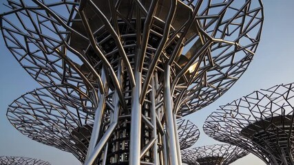 Leinwandbilder - Exploring futuristic tree-like structures in a vibrant city at sunset