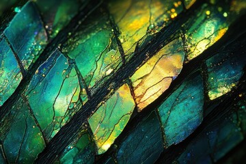 Leinwandbilder - Microscopic view of iridescent, fragmented crystals exhibiting vibrant green and gold hues.