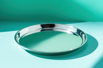 Poster - Metal tray resting on a vibrant turquoise background while sunlight casts soft shadows in a minimalist setting