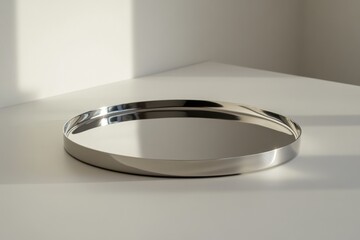 Poster - Reflective metal tray resting on a white surface, showcasing modern minimalist design and soft natural lighting
