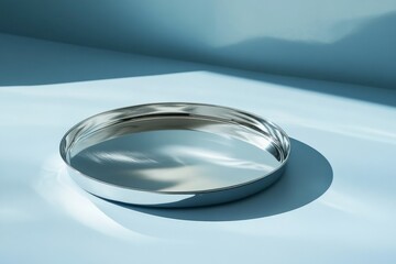 Fototapete - Reflective metal tray on a smooth surface illuminated by soft natural light