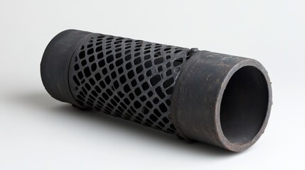 Poster - Industrial aged metal cylinder with mesh detail on white background showcasing texture and form in studio lighting