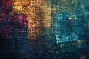 Aufkleber - Abstract painting showcasing textured canvas with vibrant hues of teal, gold, and burgundy, creating a rich, layered effect.