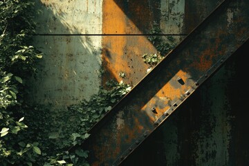 Poster - Rustic metal structure with ivy growing on aged, textured wall, bathed in sunlight.