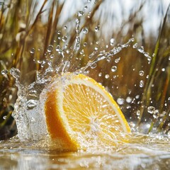 Poster - Vibrant lemon slice bursts into water creating splash of refreshment against blurred natural background