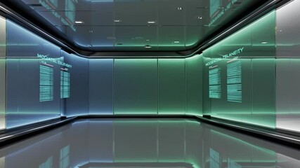 Poster - Modern interior design featuring sleek glass walls and vibrant lighting in an urban space