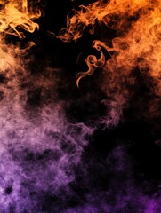 Poster - Ethereal smoke art with vibrant orange and purple hues on a black background creating a mesmerizing visual effect perfect for abstract design