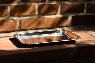 Poster - Shiny stainless steel tray resting on a brick ledge under soft sunlight