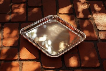 Poster - Shiny silver tray resting on brick pavement under dappled sunlight during a warm afternoon