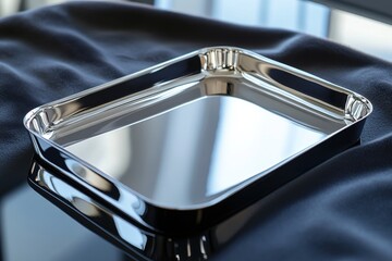 Fototapete - Reflective metal tray on a dark cloth surface with sunlight illuminating its sleek design and contours