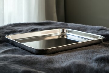 Poster - Reflective metal tray placed on soft gray fabric near a window with natural light illuminating the scene
