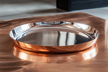 Poster - Reflections on a polished serving tray placed elegantly on a copper table surface in a modern interior setting