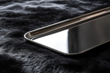 Poster - Reflective metal tray resting on a soft black surface in a well-lit interior setting
