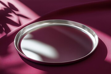 Poster - Reflective metal tray resting on a maroon fabric with shadows cast by nearby plants in soft natural light