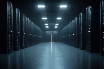 Poster - data center servers in a long row with glowing lights and door in the background, dark blue tone, pe