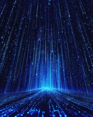 Aufkleber - Futuristic digital space with falling blue light streaks and glowing particles creating immersive technology background and virtual reality experience