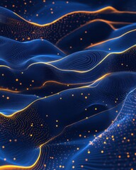 Poster - Abstract Landscape of Glowing Particles and Wavy Lines in Deep Blue and Orange Tones Digital Art