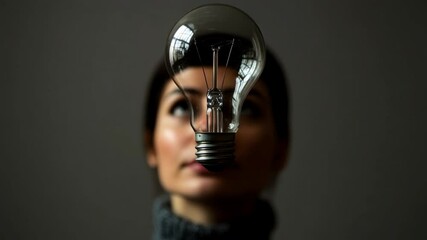 Poster - Illuminating Thoughts: A woman's face framed by a lightbulb, evoking contemplation and the birth of innovative ideas. This image captures the essence of ingenuity and intellectual curiosity.