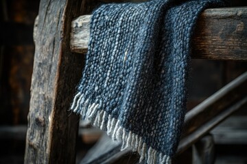Aufkleber - A handwoven woolen throw draped over rustic wooden chair, showcasing its texture and craftsmanship.