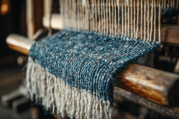 Poster - A close-up of a handwoven textile on a traditional loom, showcasing intricate craftsmanship and textured fibers.