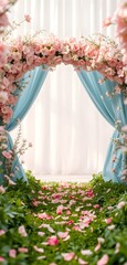 Poster - Floral Archway Dreamscape. Pink Blooms And Blue Drapes Create A Romantic Scene. Lush Greenery Invites Exploration. A Whimsical Arrangement.