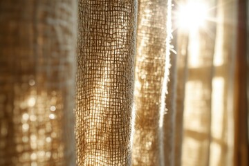 Poster - Sunlight illuminating burlap curtains, creating a warm and textured image.