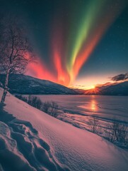 Wall Mural - Majestic aurora borealis dances over a frozen lake in a serene winter landscape at sunset with snow covered mountains and trees under a starry sky