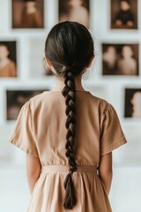 young girl with long braided hair looking at blurred art gallery wall
