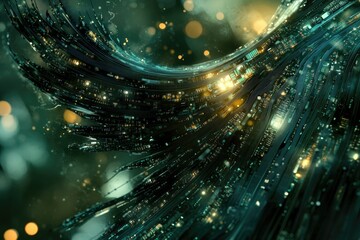 Aufkleber - Abstract digital art depicting a futuristic, swirling network of glowing teal and gold circuits.