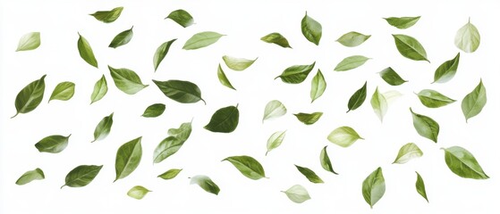 Poster - Elegant scattered green leaves on white background creating a fresh and natural pattern ideal for spring summer design and botanical themes